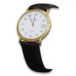 \"Bucherer\" Quarzuhr mit weißem Zifferblatt und schwarzem Lederarmband.